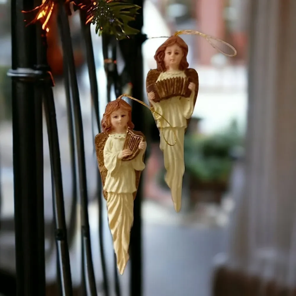 2 Angel Icicle Ornament Christmas Vintage 90s Resin Teardrop Holiday Ivory Gold.